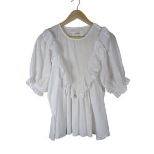 The Great Shirt Small 1 White Crew Neck Puff Sleeves Ruffle Triangle Top Blouse